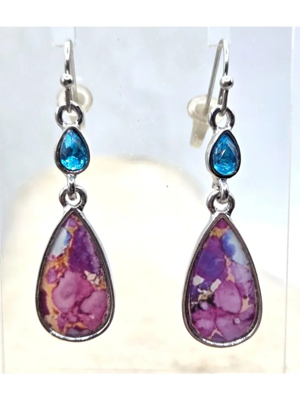 Purple & Blue Teardrop Dangle Earrings With Silver-Tone Setting